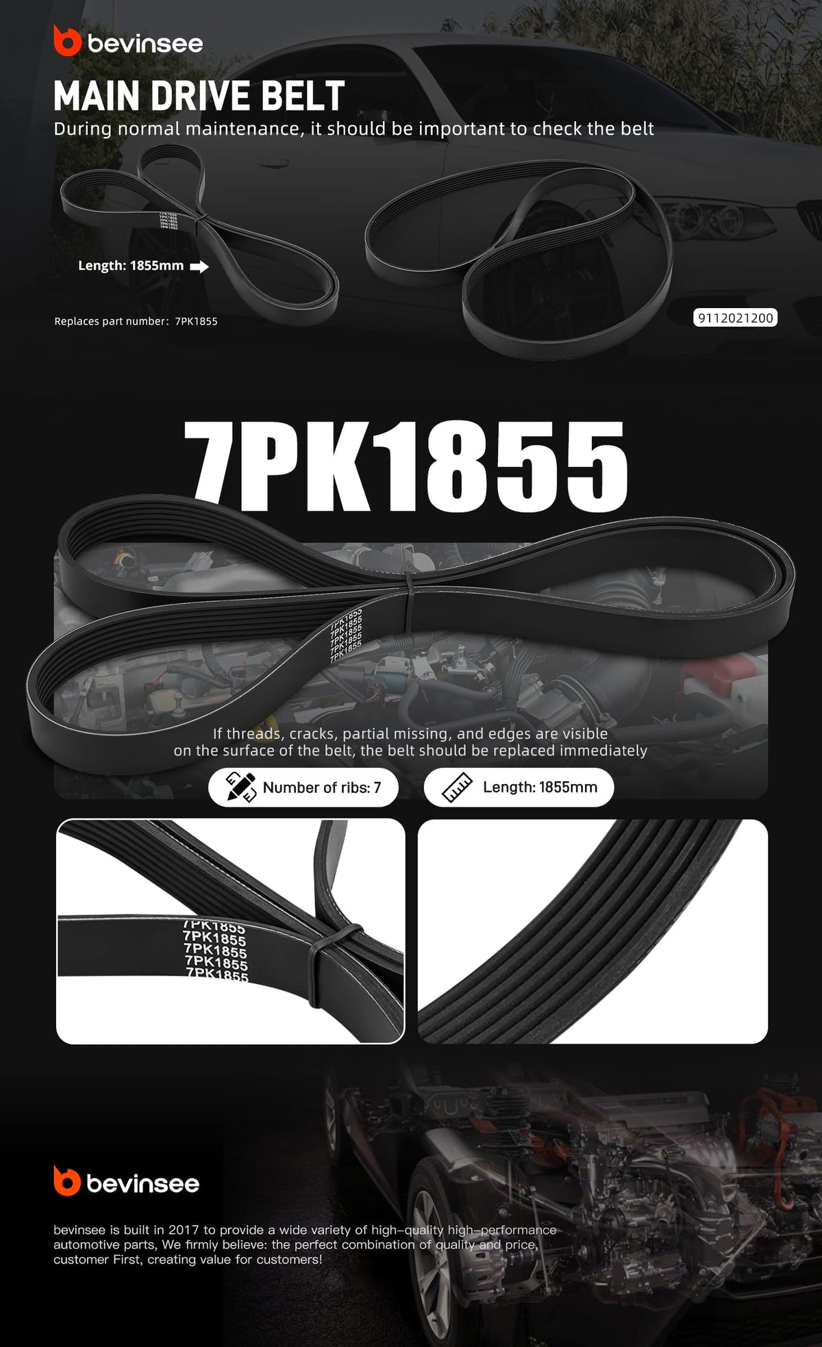 Bevinsee Serpentine Belt Replacement for 7PK1855 – for BMW E90 E92 N54 Engine 335i 1M